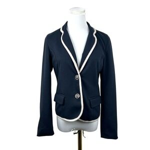 Leopard Print Lined Cropped Navy Blazer XS/S Contrast Trim‎ Tailored Jacket